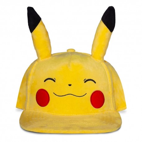Casquette snapback jaune de Pikachu avec oreilles et visage souriant