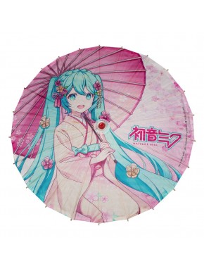 Parasol de papel Hatsune Miku con diseño rosa y bambú