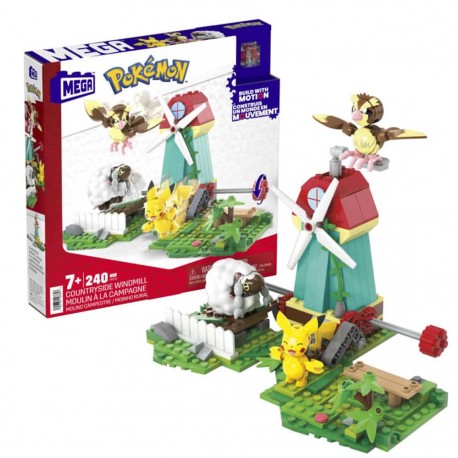 Set de construcción Pokémon con molino y figuras de Pikachu, Pidgey y Wooloo