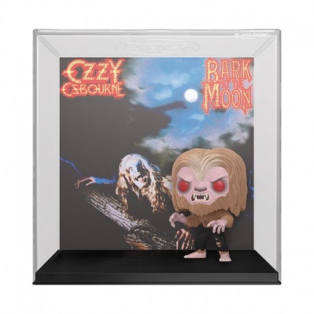 Figura de vinil Funko POP! de Ozzy Osbourne com fundo do álbum Bark at the Moon
