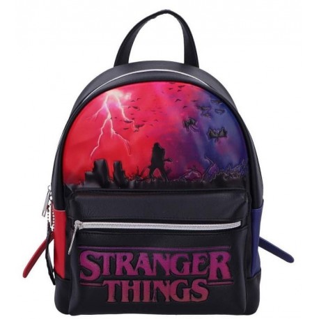 Mochila Stranger Things vermelha e preta com ilustração do Upside Down
