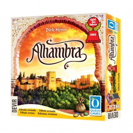 Boîte et composants du jeu de société Alhambra de Devir