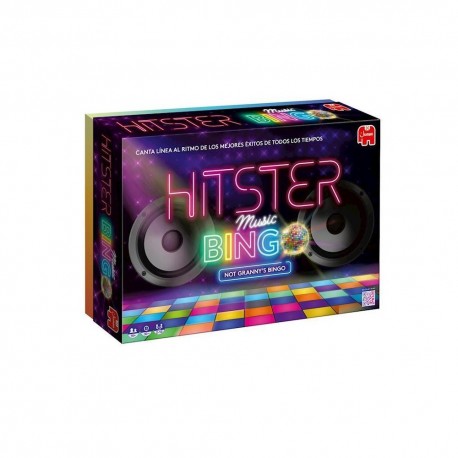 Caixa do jogo Hitster Music Bingo com tabuleiro e bolas coloridas