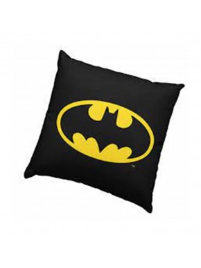Cojín cuadrado negro con logo de Batman en amarillo