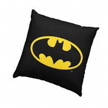 Cojín cuadrado negro con logo de Batman en amarillo