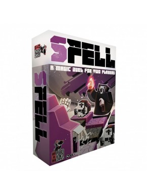 Juego de mesa SPELL con meeples y losetas en violeta y negro