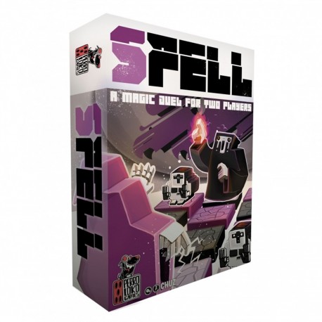 Juego de mesa SPELL con meeples y losetas en violeta y negro