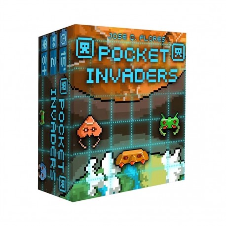 Boîte et composants du jeu de société Pocket Invaders troisième édition