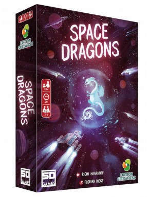 Caja del juego de mesa Space Dragons con diseño espacial