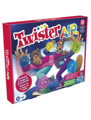 Caixa e acessórios do jogo Twister Air da Hasbro com bandas coloridas e suporte