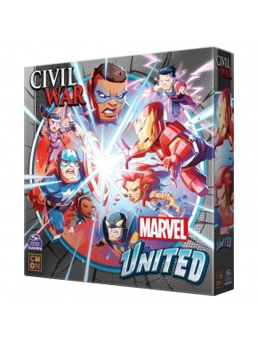 Caja y figuras del juego de mesa Marvel United: Civil War