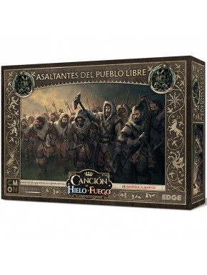 Caja del juego Asaltantes del Pueblo Libre con miniaturas de guerreros.