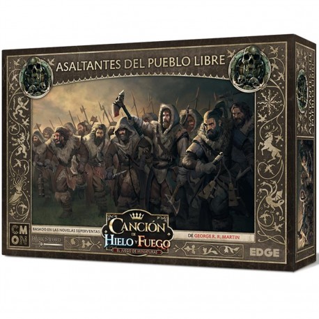 Caja del juego Asaltantes del Pueblo Libre con miniaturas de guerreros.