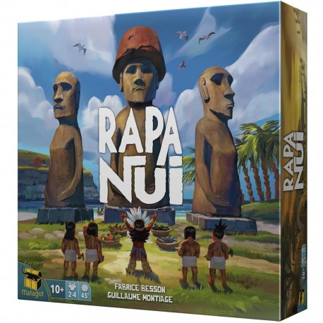 Caja y componentes del juego de mesa Rapa Nui