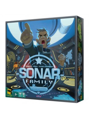 Caixa do jogo de tabuleiro Sonar Family com design submarino