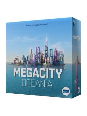 Caja y componentes del juego de mesa Megacity Oceania.