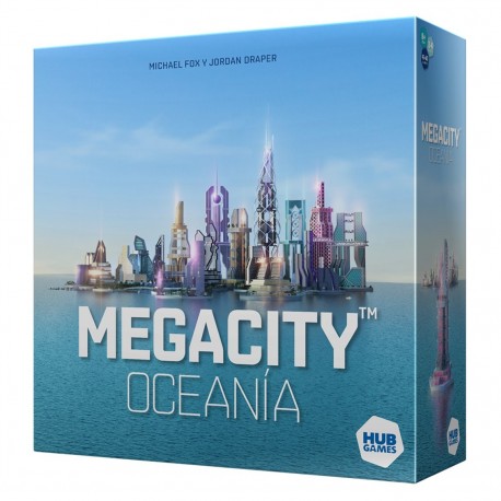 Caja y componentes del juego de mesa Megacity Oceania.