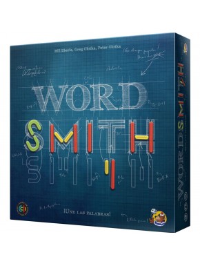 Caja del juego de mesa Wordsmith con piezas y dados