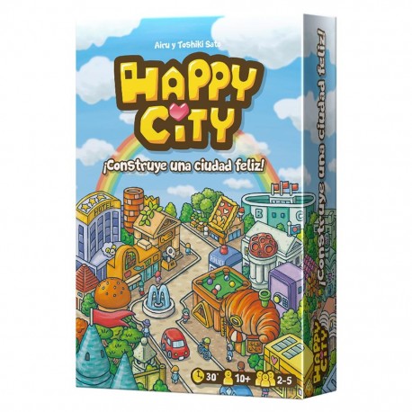 Caixa e cartas do jogo de tabuleiro Happy City