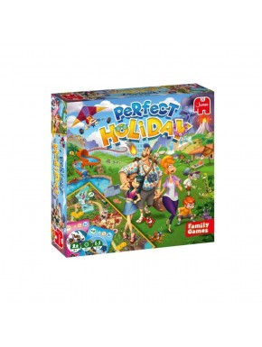 Caixa do jogo de tabuleiro Perfect Holiday com ilustrações de férias em família.