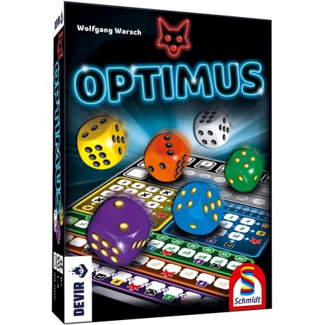 Caja del juego de mesa Optimus con dados de colores