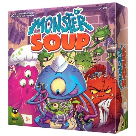 Caixa e componentes do jogo de tabuleiro Monster Soup