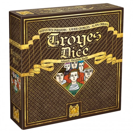 Caja y componentes del juego de dados Troyes