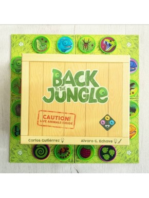 Caixa do jogo de mesa Back to the Jungle e fichas verdes