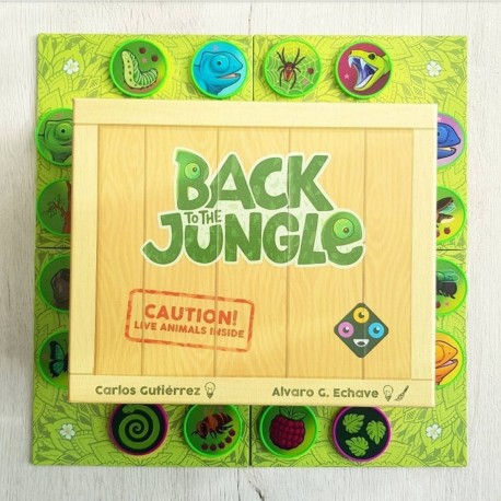 Caixa do jogo de mesa Back to the Jungle e fichas verdes