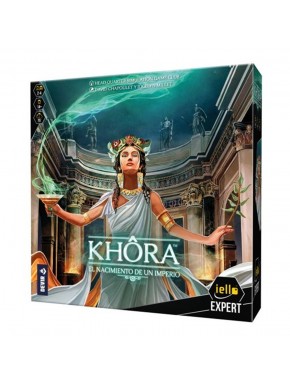 Caixa do jogo de tabuleiro Khora e componentes do tabuleiro