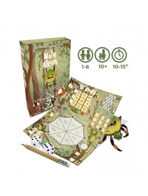 Caixa e componentes do jogo de tabuleiro Moly Atrapa