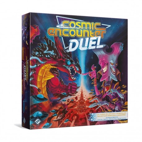 Caixa e componentes do jogo de tabuleiro Cosmic Encounter Duel