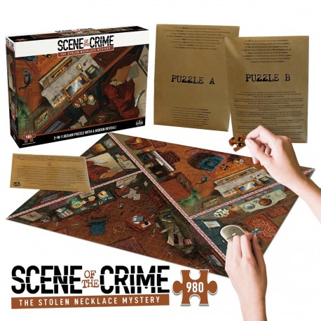 Caixa e peças do jogo de puzzle Cena do Crime