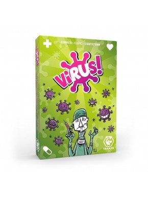 Caja del juego de mesa Virus, fondo verde y dibujos de virus