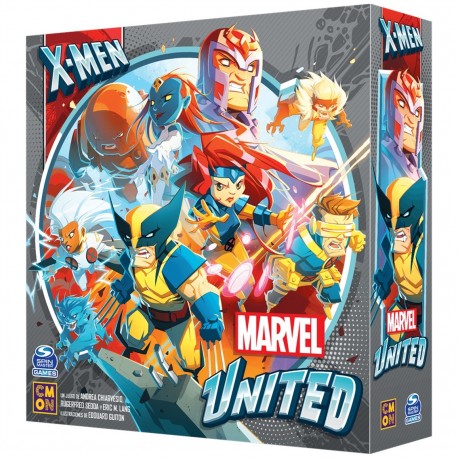 Caja de juego de mesa Marvel United: X-Men con personajes.