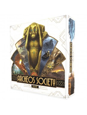 Caixa e componentes do jogo de tabuleiro Archeos Society