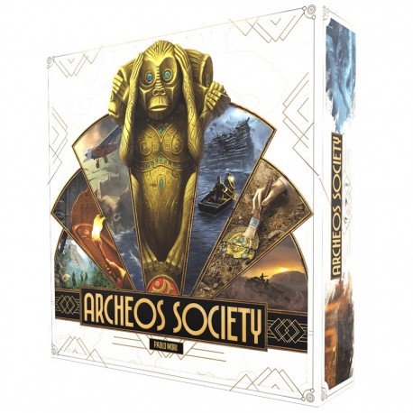 Caixa e componentes do jogo de tabuleiro Archeos Society