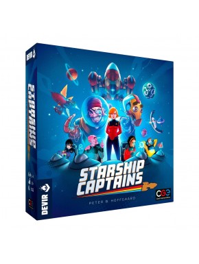 Caja y componentes del juego de mesa Starship Captains de Devir