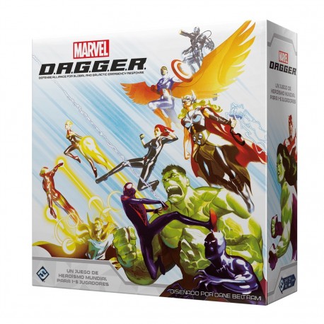 Caja y componentes del juego de mesa Marvel D.A.G.G.E.R.