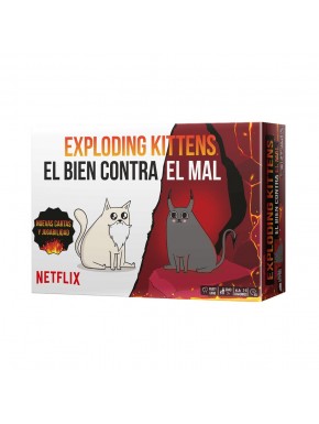 Caja del juego Exploding Kittens: El Bien Contra el Mal con diseño de gatos