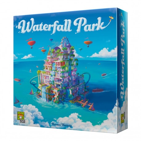 Caja y componentes del juego de mesa Waterfall Park