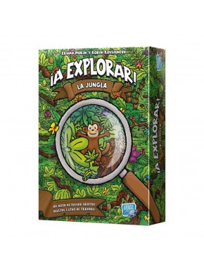 Caixa do jogo de tabuleiro Vamos Explorar! A Selva com macaco e lupa