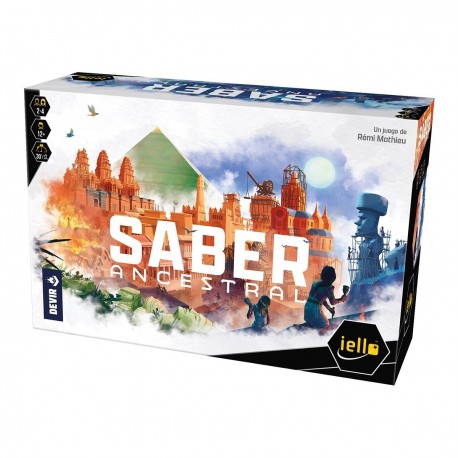 Caja del juego de mesa Saber Ancestral con diseño de civilizaciones