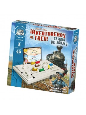 Caixa e conteúdo do jogo de tabuleiro Logiquest Aventurosos ao Trem