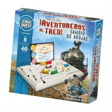 Caixa e conteúdo do jogo de tabuleiro Logiquest Aventurosos ao Trem