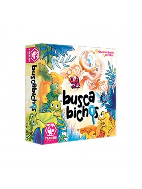 Caixa do jogo de tabuleiro Busca Bichos com peças coloridas