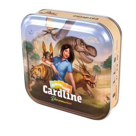 Caixa do jogo Cardline Dinossauros com ilustrações de dinossauros