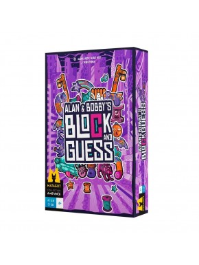 Caixa do jogo de tabuleiro Block & Guess com detalhes das cartas
