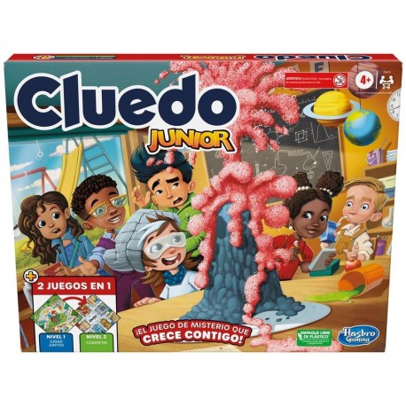 Caixa e tabuleiro do Cluedo Junior com cores vivas e personagens