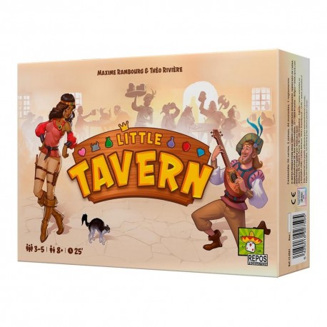 Caja del juego de mesa Little Tavern y cartas de personajes